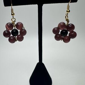 Elegant Maroon and Black Cat-Eye Beaded Earrings